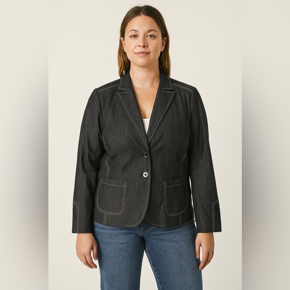 Olsen Europe women's denim blazer jacket L-XL grey blue wool linen cotton blend